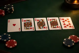 Quinte flush royale composée de cinq cartes de cœur sur une table de poker en feutre vert, entourée de quelques jetons.