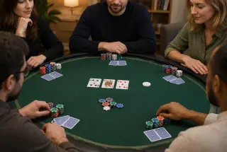 Cinq joueurs adultes disputent une partie de Texas Hold’em autour d’une table de poker avec jetons, bouton de dealer et cartes communes visibles.